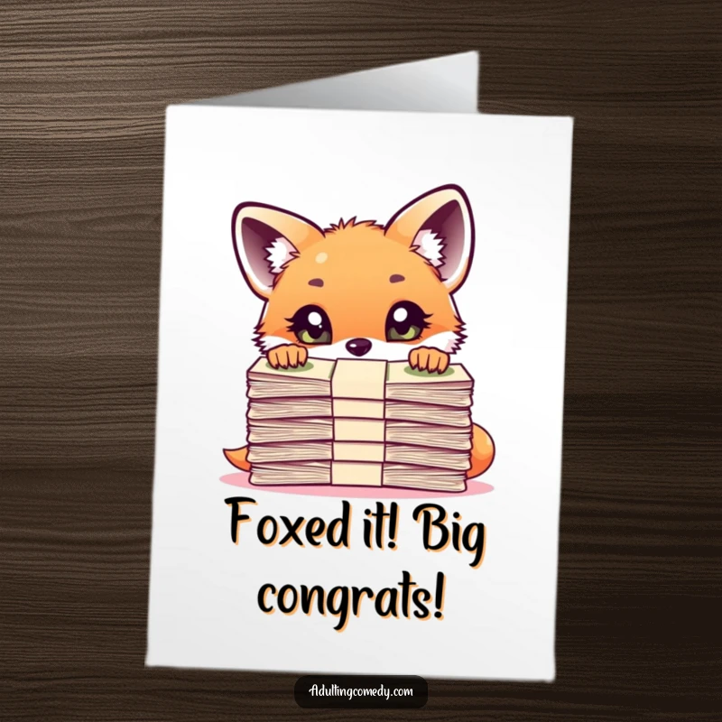 Funny Free Printable Congrats Card: A curious fox cub stares with alarm at an enormous pile of bills.