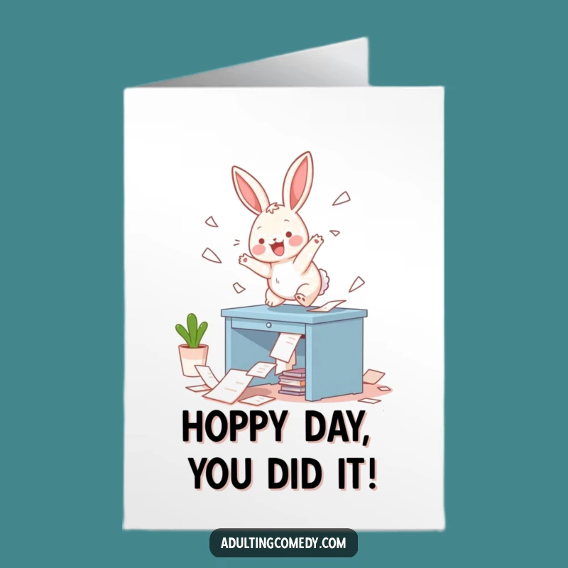 Free Printable Bunny Congrats Card: Desk Paper Chaos, Funny Downloadable Greeting Gift