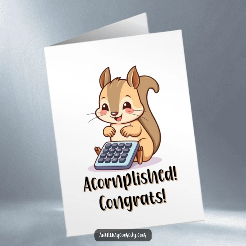 Funny Free Printable Congrats Card: A cheerful squirrel happily taps on a tiny filing cabinet drawer, celebrating a win.
