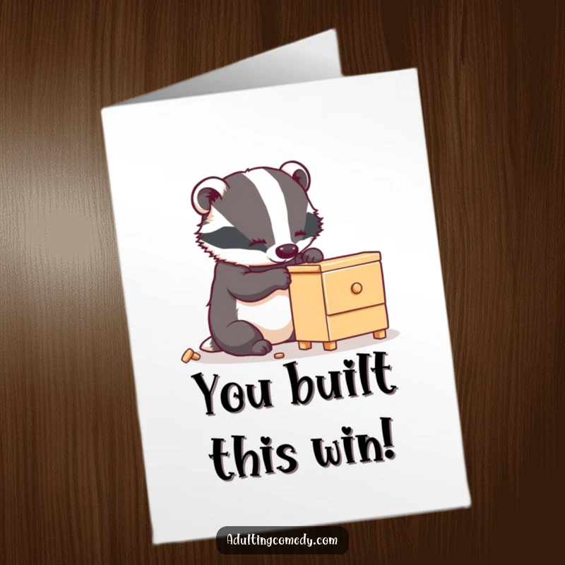 Funny Free Printable Congratulations Card: Busy badger assembling wobbly furniture, a humorous DIY congratulations.