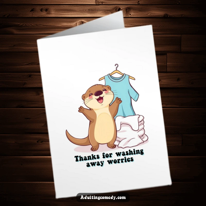 Funny Free Printable Thank You Card: Happy otter doing a dance next to clean laundry, a delightful DIY thanks.