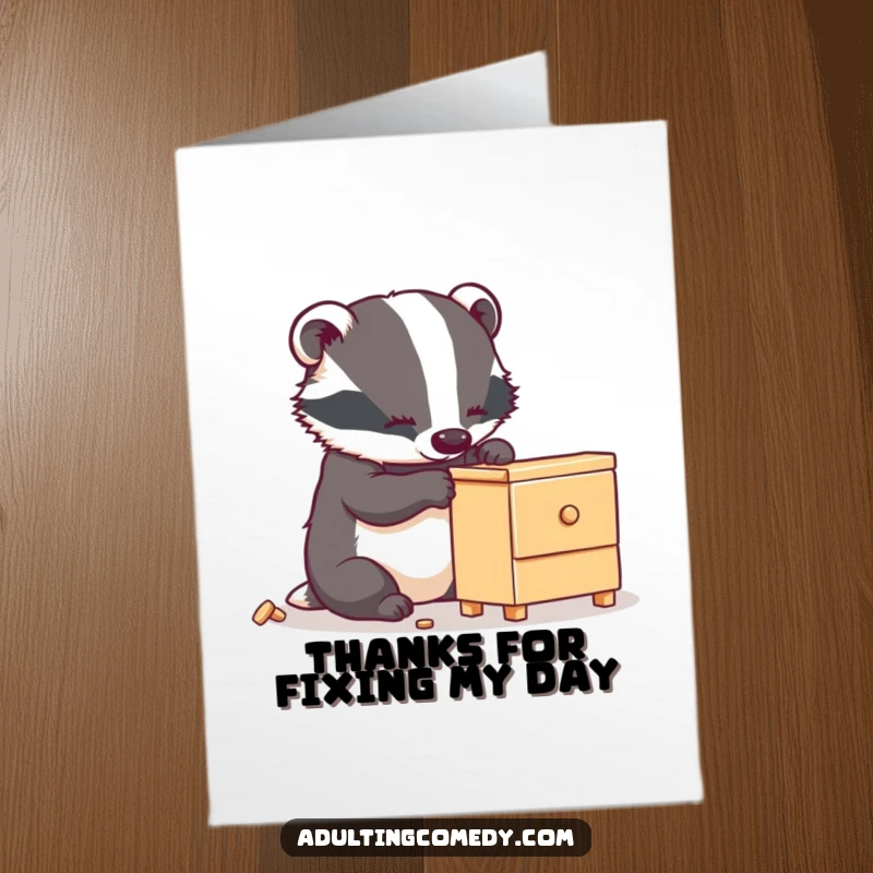 Funny Free Printable Thank You Card: Busy badger struggling with wobbly furniture, a humorous DIY thank you.