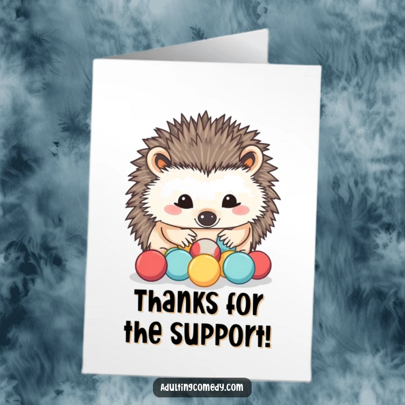Funny Free Printable Thank You Card: A determined hedgehog carefully organizes miniature stress balls, a picture of calm thanks.