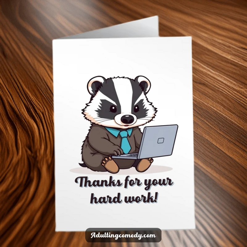 Funny Free Printable badger in tie typing on laptop saying Thank You, downloadable and print at home.