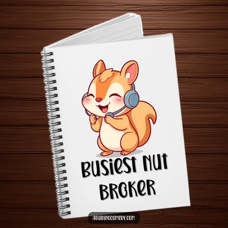 Funny squirrel notebook with headset and phone, perfect for call notes or journaling.