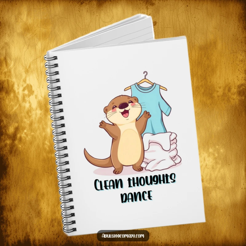 Funny otter notebook showing a joyful creature dancing next to a pile of clean laundry, ideal for notes.