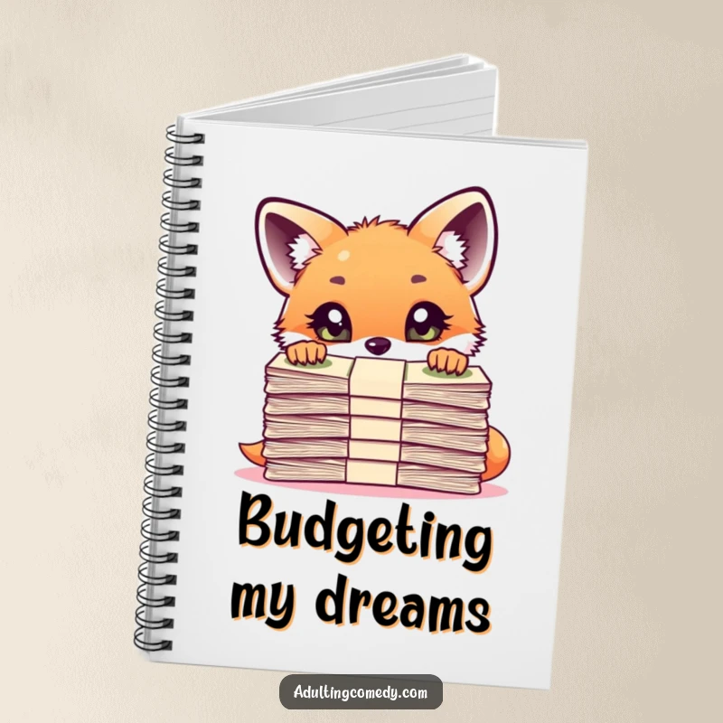 Funny Fox Notebook: A curious fox cub peers over a large stack of bills with wide eyes, perfect for tracking finances with a humorous touch.