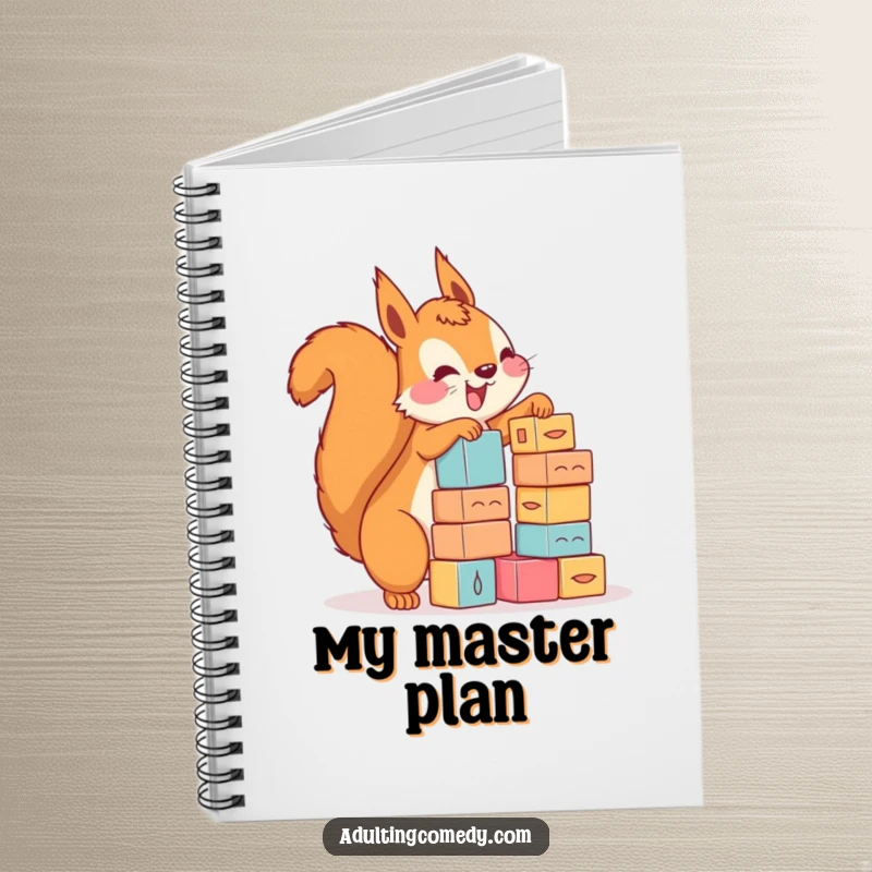 Funny squirrel notebook showing a happy creature stacking tiny blocks with precarious enthusiasm, ideal for funny office supplies.