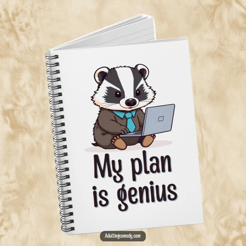 Funny badger notebook with a tie, diligently writing, perfect for meeting notes or journaling.