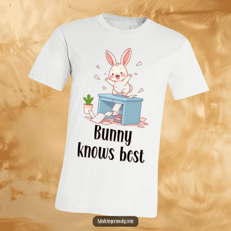 Funny Bunny T-Shirt: A mischievous bunny leaps onto a tiny desk, scattering papers everywhere with pure, unadulterated glee, a perfect funny gift.