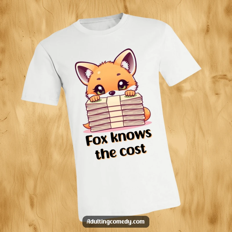 Funny Fox T-Shirt: A curious fox cub looks shocked, peering over a huge stack of bills, a hilarious representation of financial anxiety.