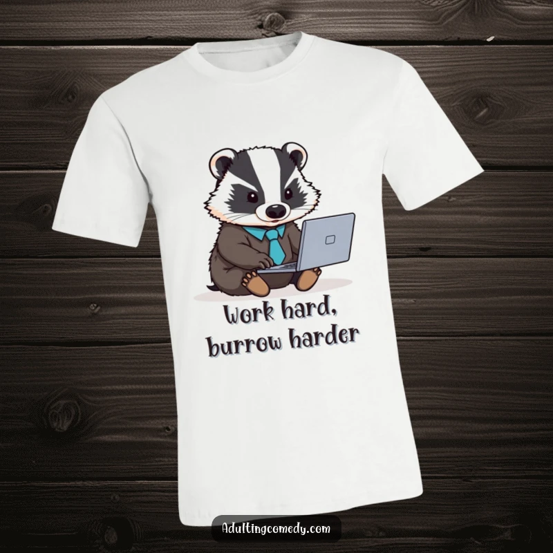 Funny badger t-shirt with a tiny tie, typing diligently on a laptop, a humorous work essential.