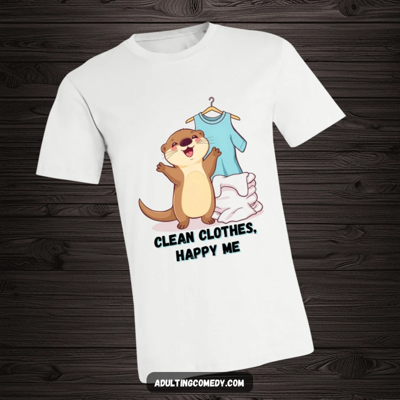 Funny otter t-shirt featuring a joyful animal doing a happy dance beside a neat pile of clean laundry, a funny gift.
