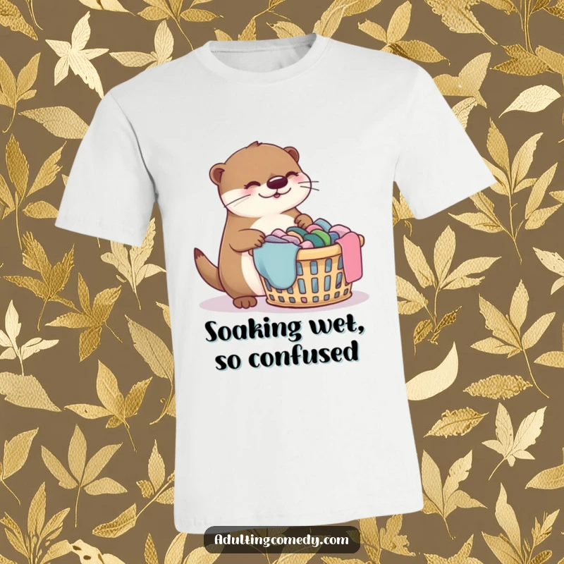 Funny otter t-shirt showing a giggling otter confused by a huge laundry pile, a humorous statement piece.