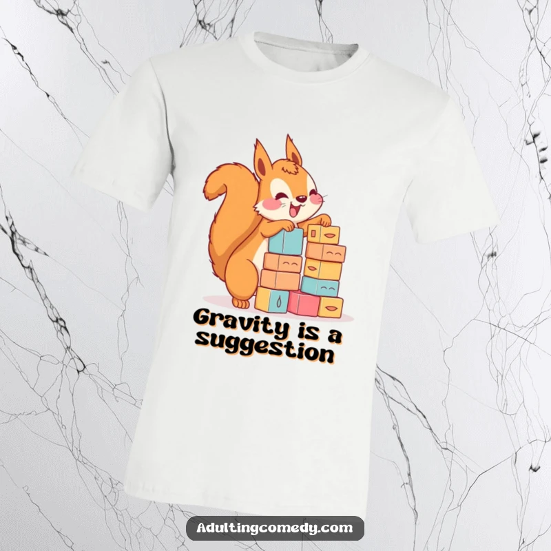 Funny squirrel t-shirt showing a happy rodent stacking small blocks with wild enthusiasm, ideal for a funny gift.