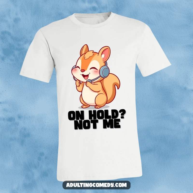 Funny squirrel t-shirt with headset, happily talking on the phone, representing a helpful and busy person.