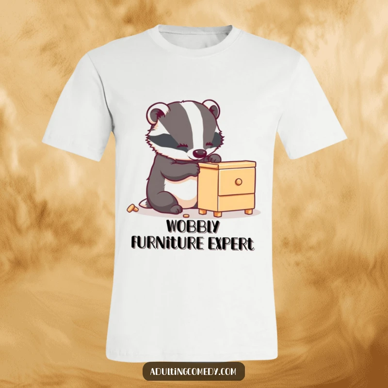 Funny badger t-shirt featuring a busy creature carefully assembling a small, wobbly piece of furniture, ideal for a funny gift.