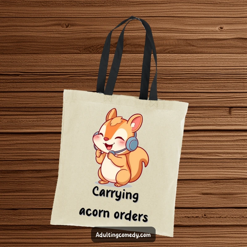 Funny squirrel tote bag with headset, talking on the phone, a practical and humorous accessory.