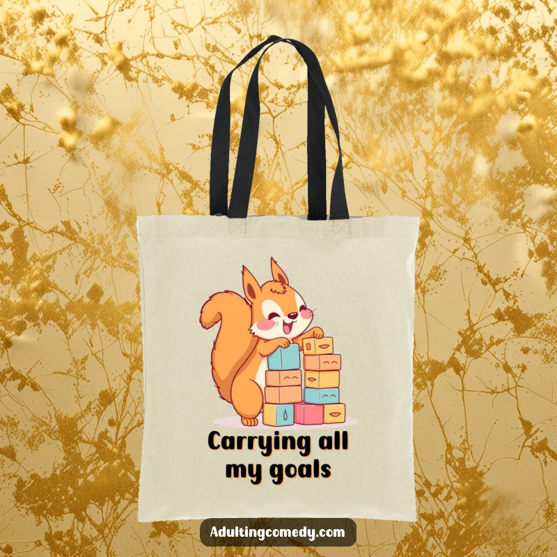 Funny squirrel tote bag depicting a happy rodent stacking small blocks with precarious enthusiasm, perfect as a funny gift.