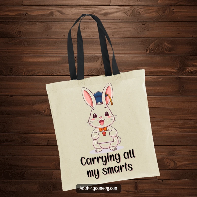 Funny graduation tote bag showcasing a happy rabbit holding a diploma, ideal for students and book lovers.