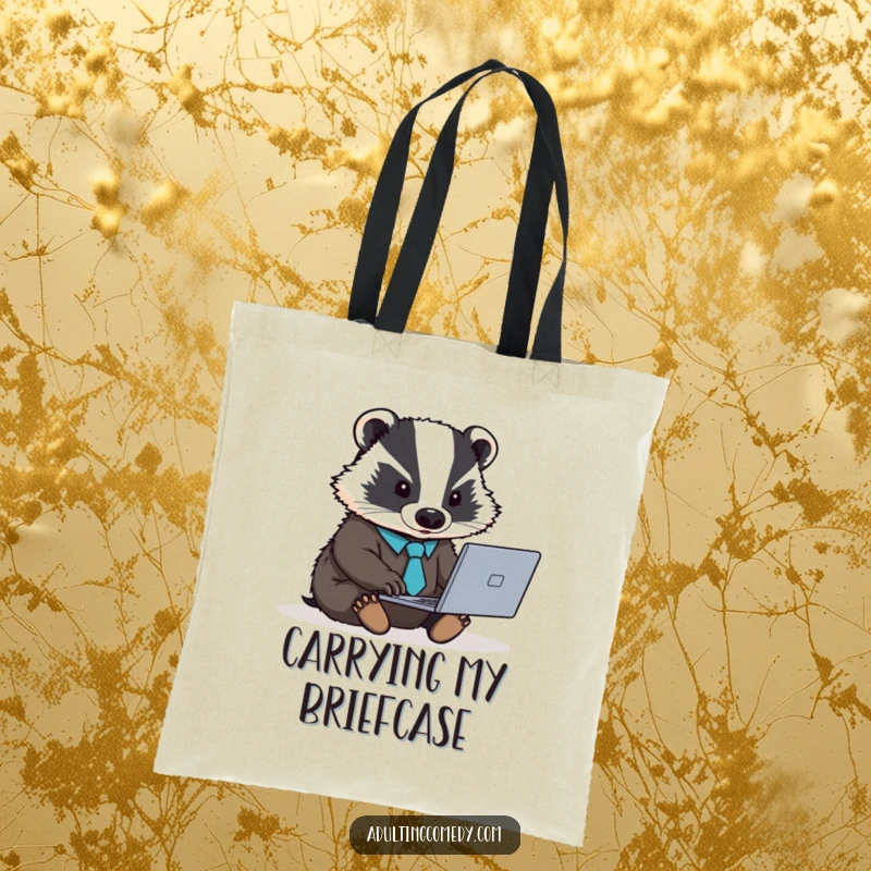 Funny badger tote bag with a tie, focused on a laptop, a practical and humorous accessory.