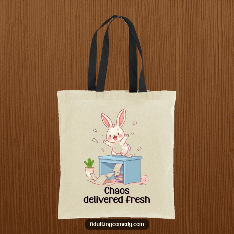Funny Bunny Tote Bag: A playful bunny hops onto a miniature desk, scattering papers with gleeful abandon, perfect for carrying essentials with humor.