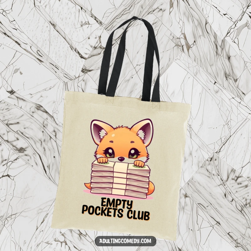 Funny Fox Tote Bag: A curious fox cub peeks over a large stack of bills with wide eyes, a humorous accessory for financial contemplation.